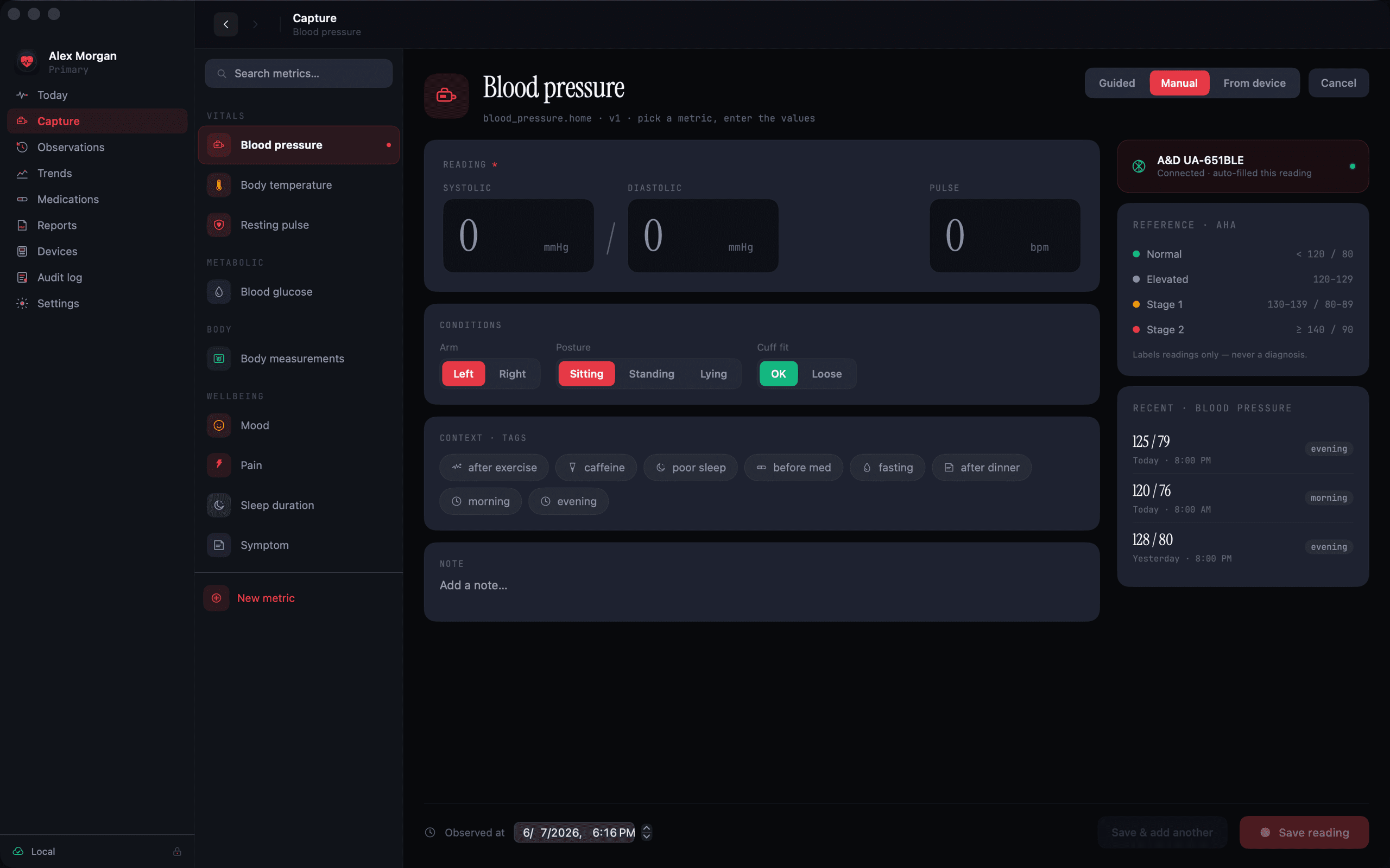 Heartwood capture form for a blood pressure reading with notes and tags